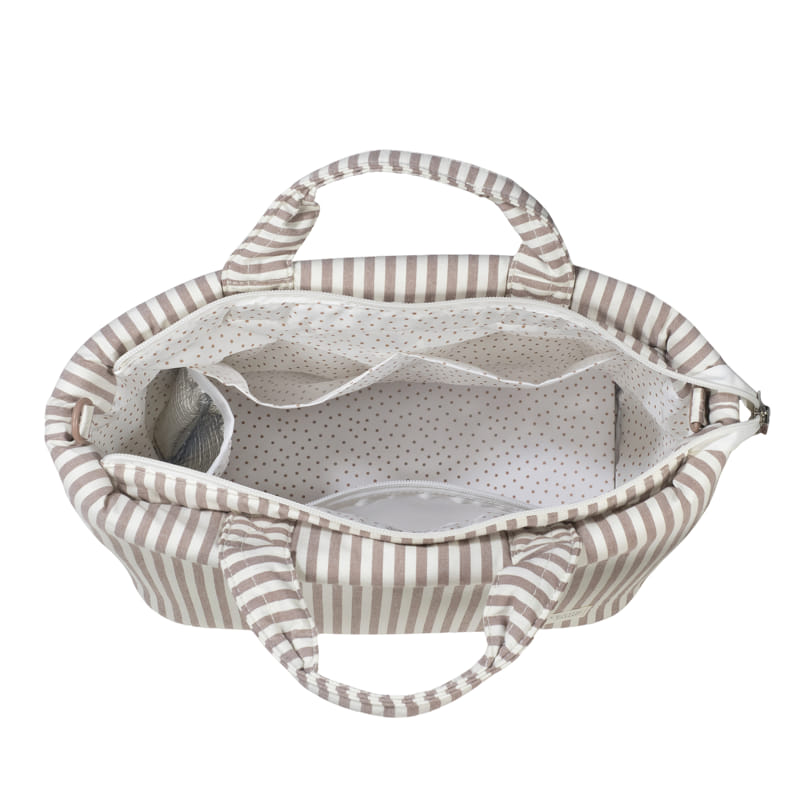 Walking Mum Praliné Stripes Moka changing bag with built-in changing pad, stylish moda accessory for moms on the go.
