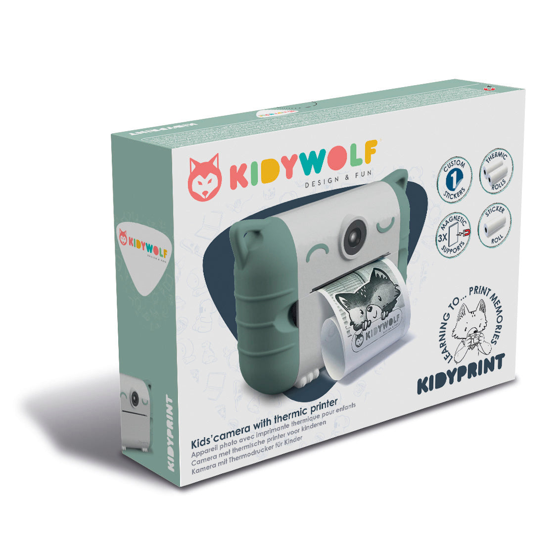 Kids camera with built-in printer by Scandi Kids Concept Store, shown with the camera and printer box.