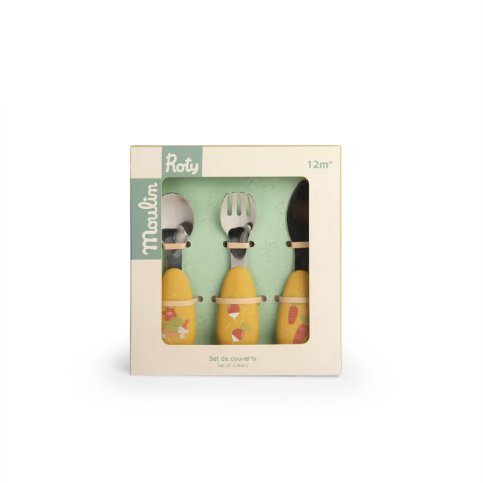 Set posate in silicone e acciaio inox, Trois petits lapins - Moulin Roty
