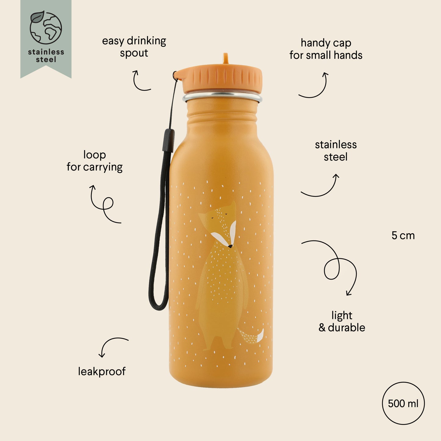 Borraccia in Acciaio Inox - 500 ml - Mrs Fox - arancione
