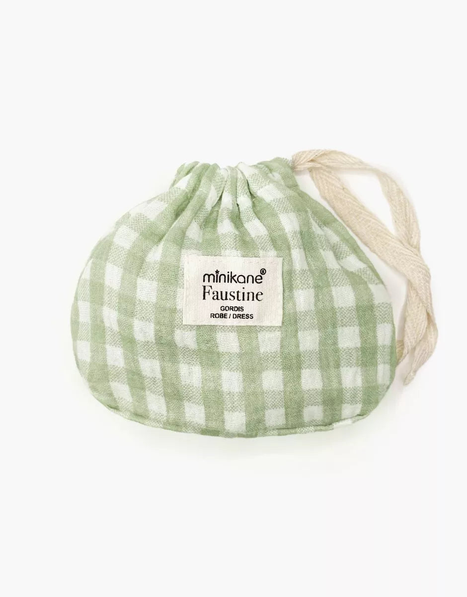 Vestito per bambola minikane - Abito Faustine a maniche corte in garza di cotone Vichy verde con pochette
