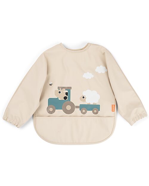Done by Deer waterproof long-sleeve bib with pocket in sandy color, featuring a cute Tiny Farm design for babies.