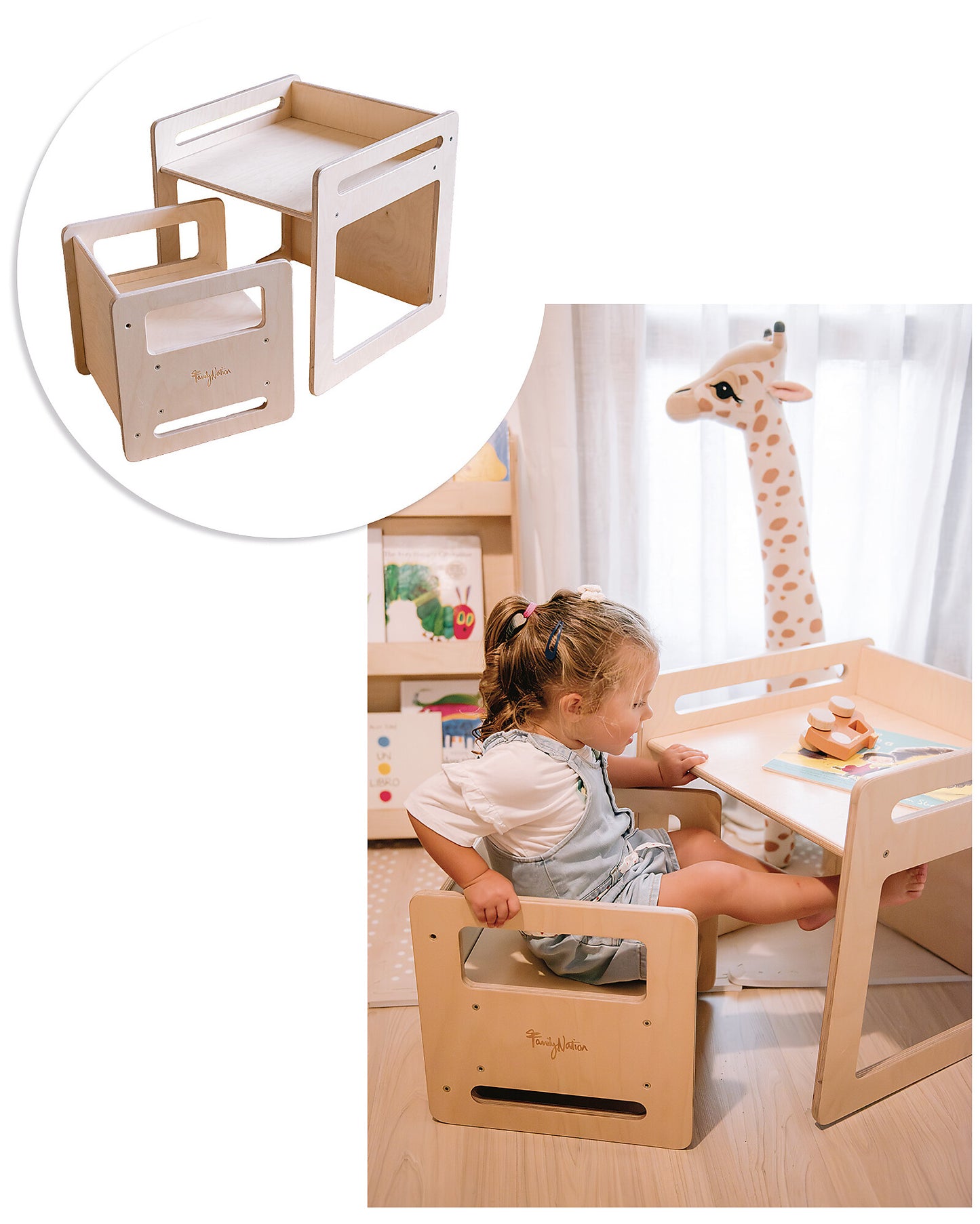 Set Tavolo+Sedia Montessori Evolutivi - Natural - Legno di Betulla - Cresce Con Il Tuo Bambino