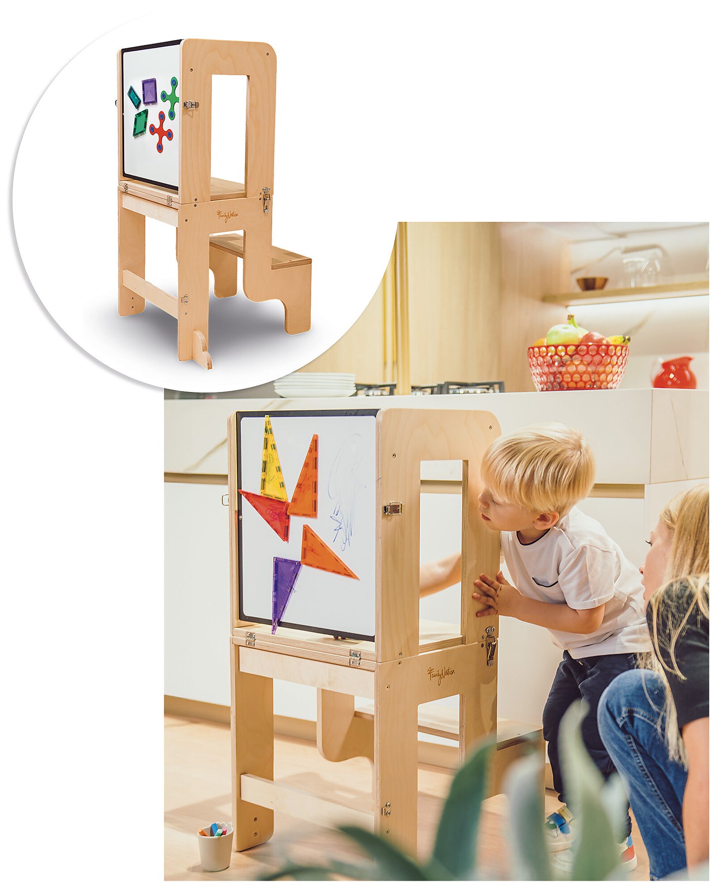 Torre Montessori 3 in 1 - Natural - Lavagna Magnetica e Convertibile in Tavolo+Sedia