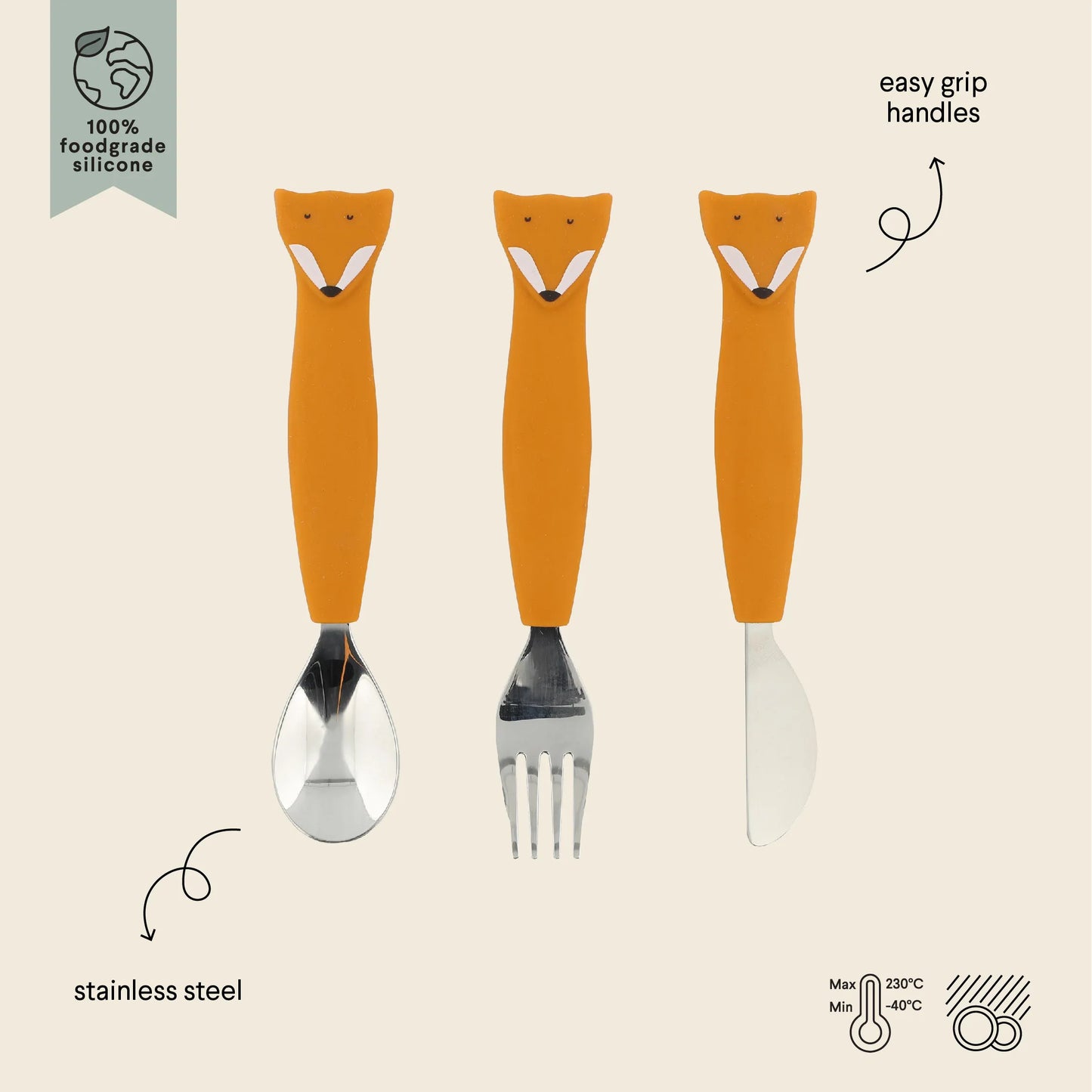 Trixie - Set di 3 posate in silicone Mr. Fox