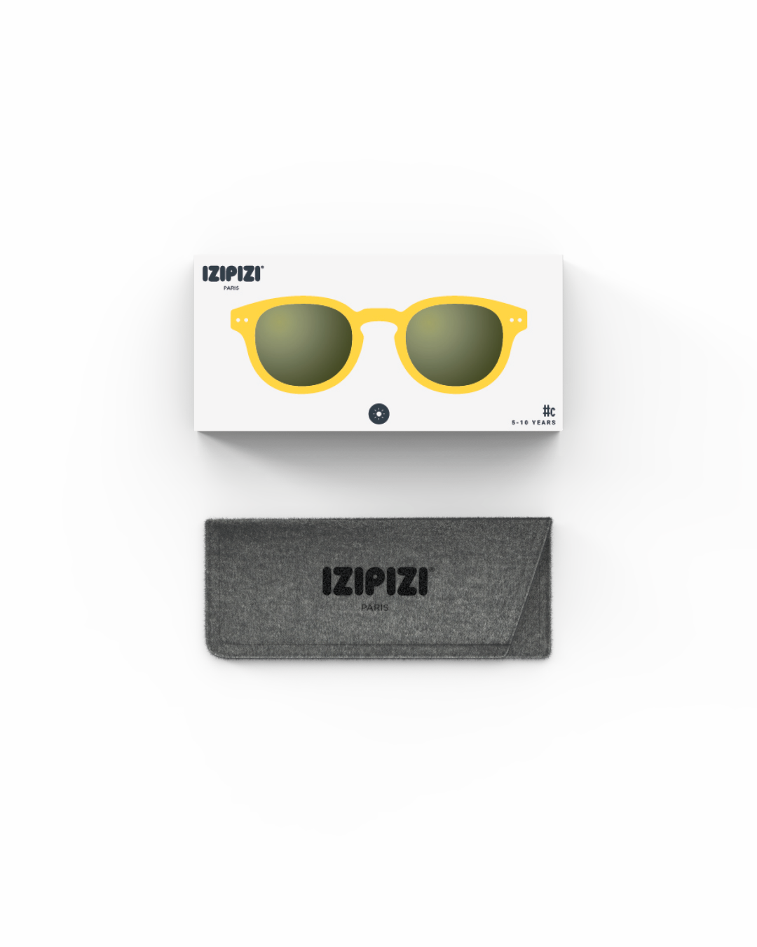 Children's yellow honey sunglasses by IZIPIZI, stylish sun protection glasses for ages 5-7 in vibrant yellow.