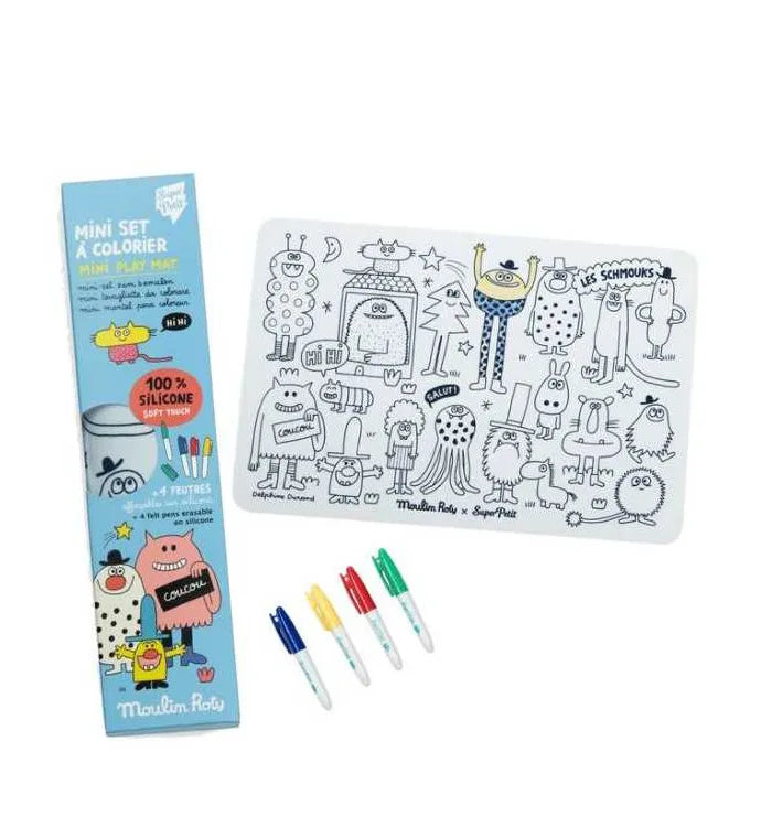 Mini tappetino da colorare in silicone con 4 pennarelli Azzurro
