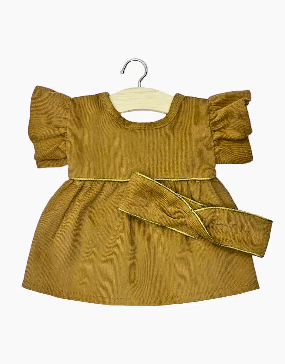 Abito Daisy con fascia incrociata in millerighe avana con profili in lurex