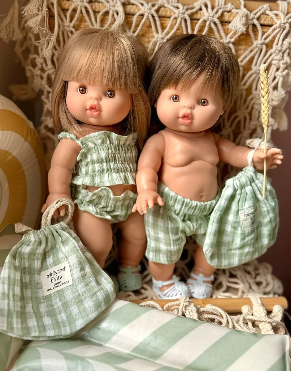 Costume da bagno rétro 2 pezzi in garza di cotone Vichy verde con pochette