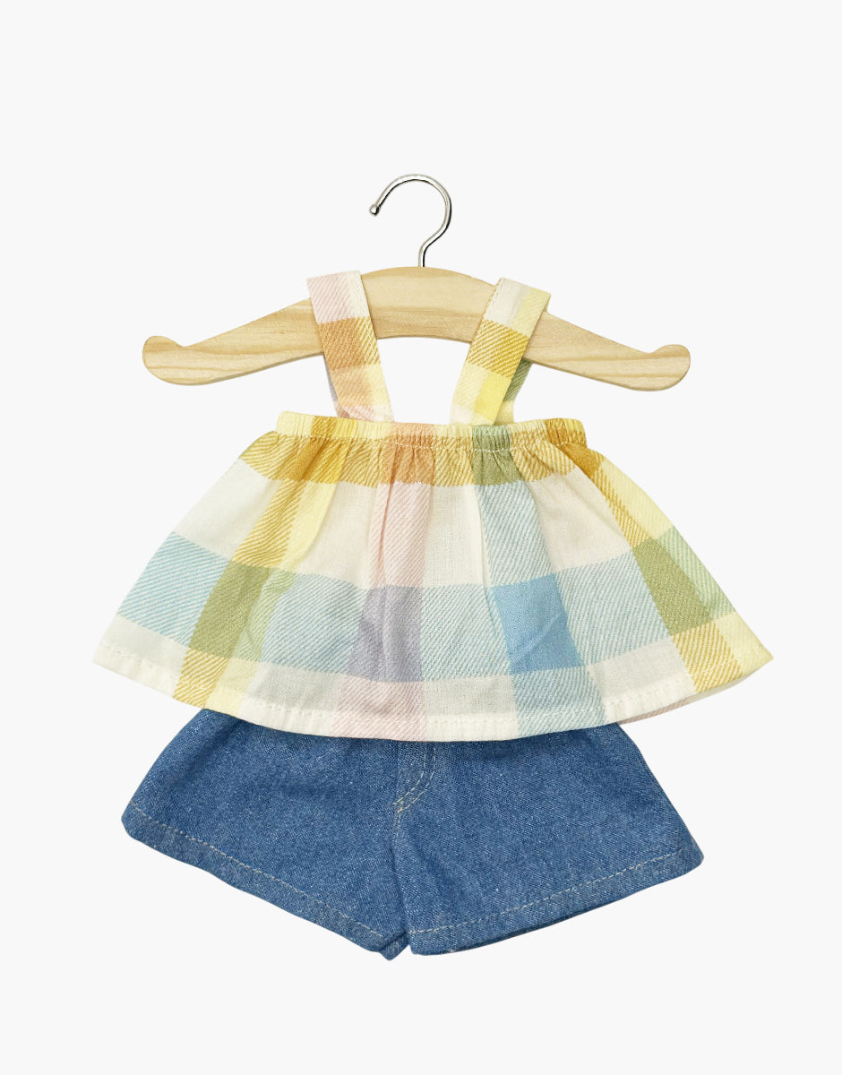 Completo composto da top a quadri scozzesi pastello e pantaloncini in denim Mila