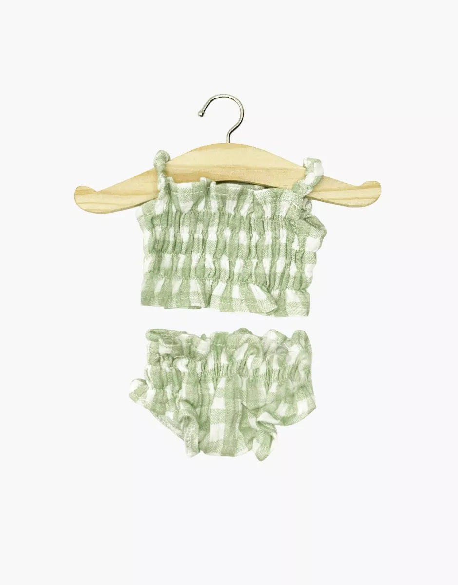 Costume da bagno rétro 2 pezzi in garza di cotone Vichy verde con pochette