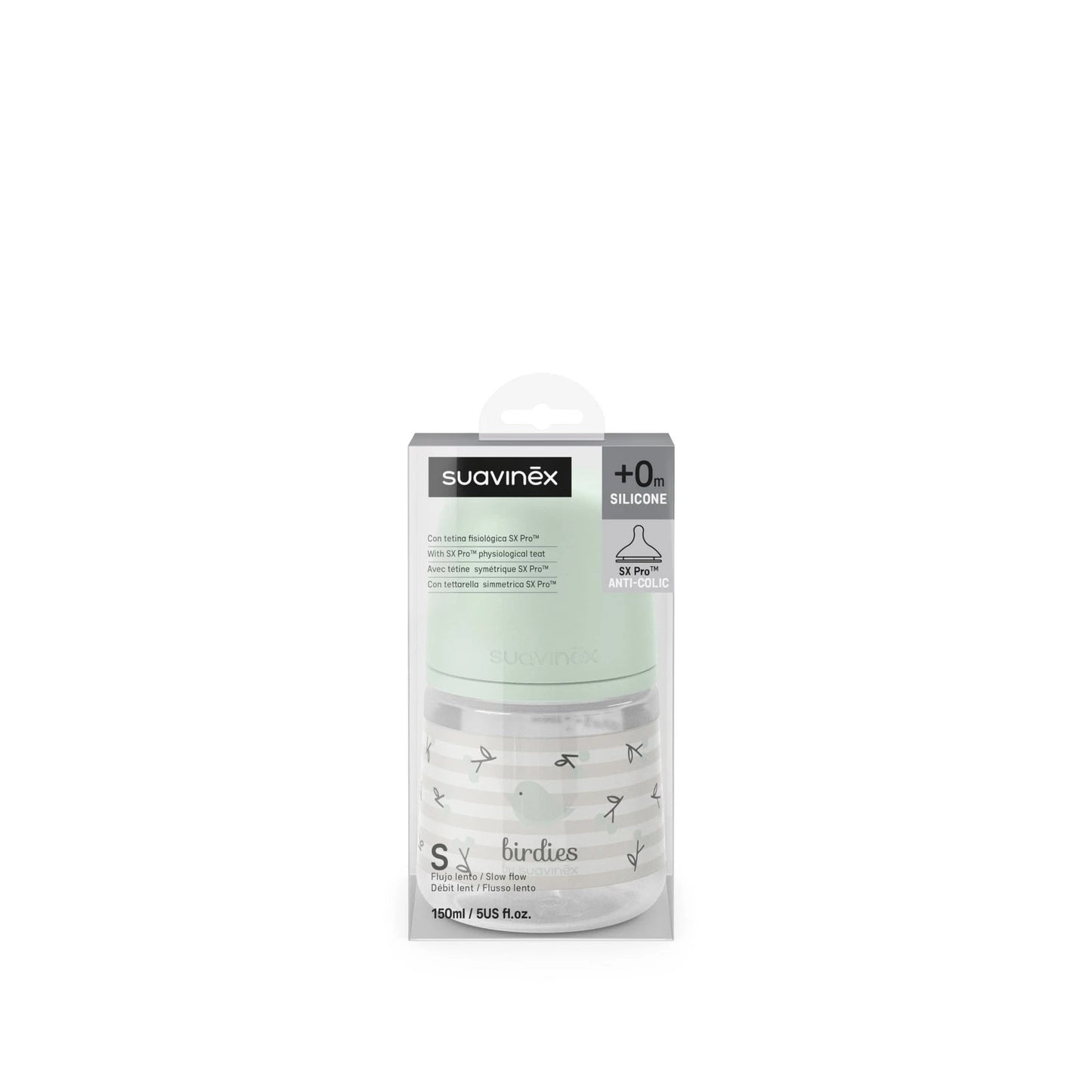 Biberon Birdies Con Tettarella Simmetrica A Flusso Lento 150 ml da 0 Mes Azzurro