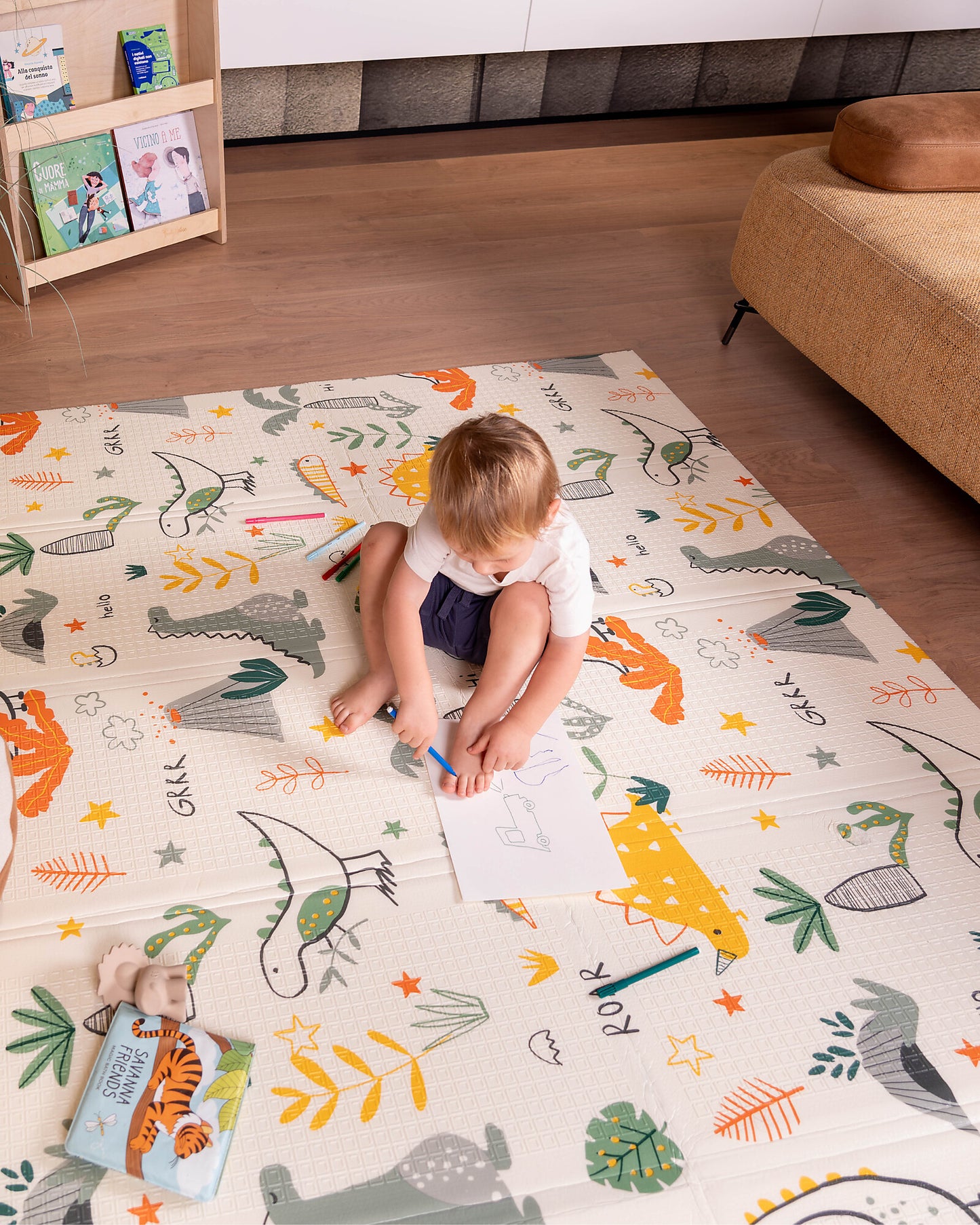 Tappeto Gioco Pieghevole Montessori 2 in 1 Reversibile e Morbido - Dino Friends - 180x150cm - dalla Nascita