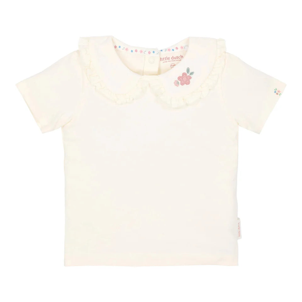 Little Dutch white short-sleeve shirt with collar, casual baby or toddler top, featuring a soft, comfortable fabric and classic design.