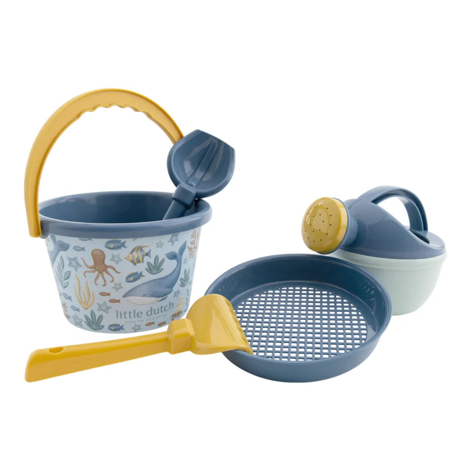 Little Dutch Ocean World beach set with five colorful toys including buckets, shovels, and molds for kids' beach play.