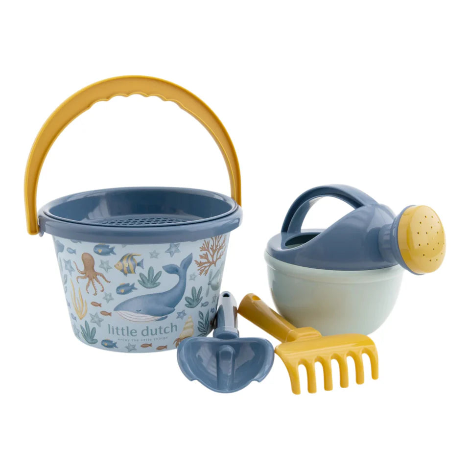 Little Dutch Ocean World beach set with five colorful toys, including buckets, shovels, and sand molds for kids' play.