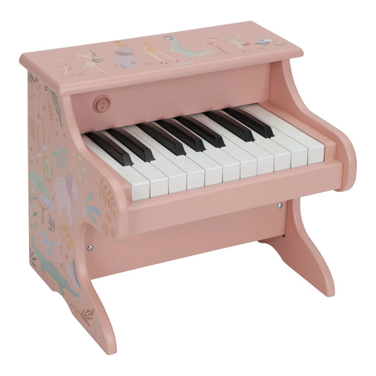 Pink wooden pianoforte from Little Dutch's Safari Friends collection, featuring a playful animal design suitable for children.