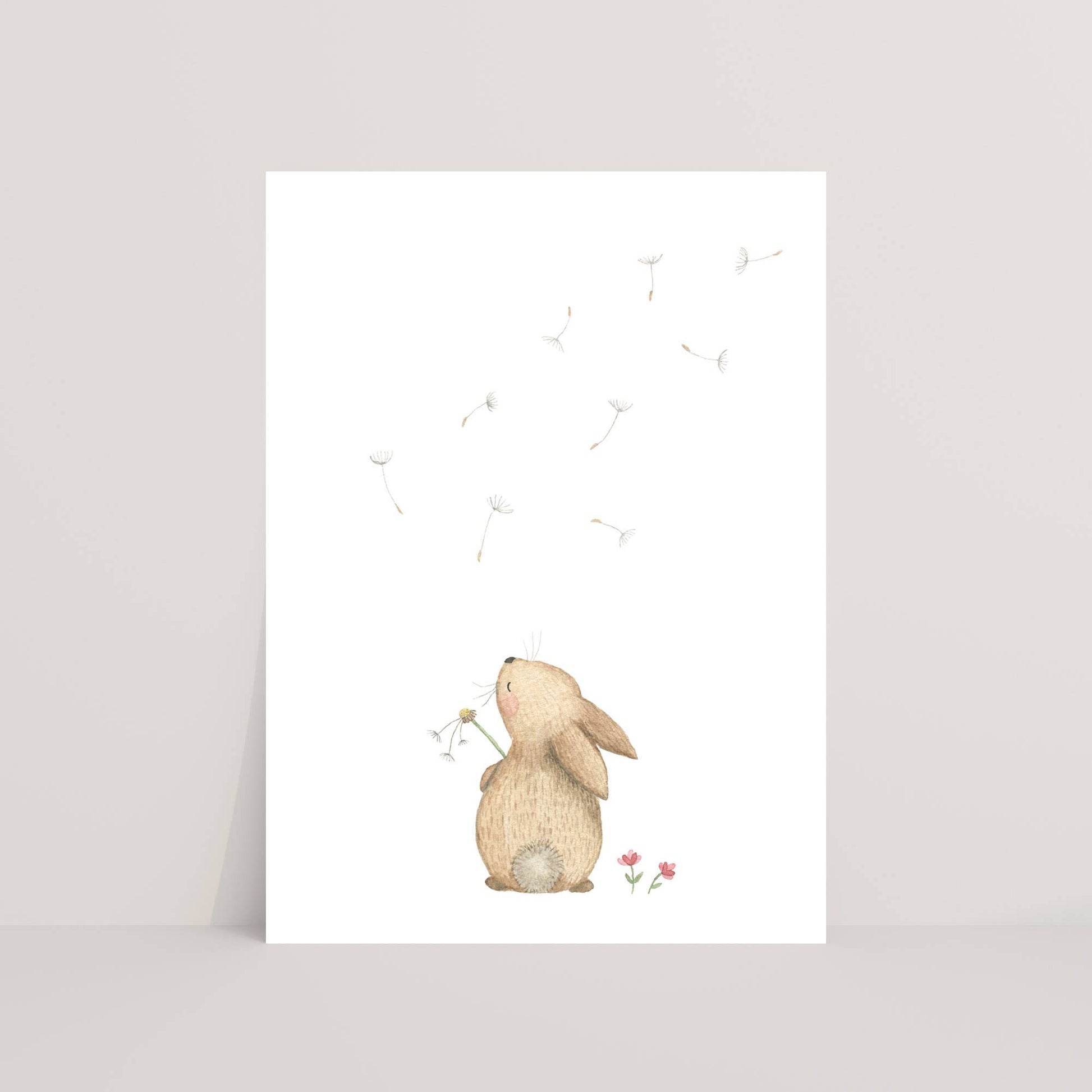 Colorful greeting card featuring a rabbit and a dandelion design by Appeloogje on textured paper background.