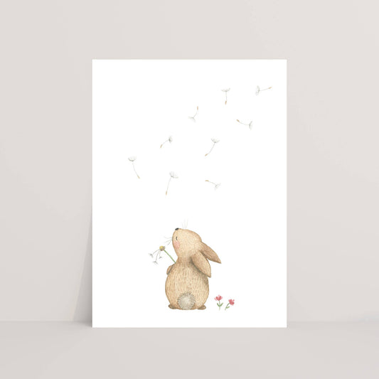 Colorful greeting card featuring a rabbit and a dandelion design by Appeloogje on textured paper background.