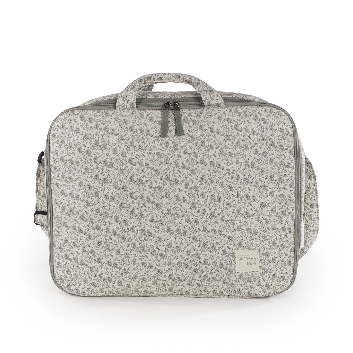 Walking Mum Valigia Gala Mint suitcase with smooth mint green exterior, ergonomic handle, and four spinner wheels for easy travel.