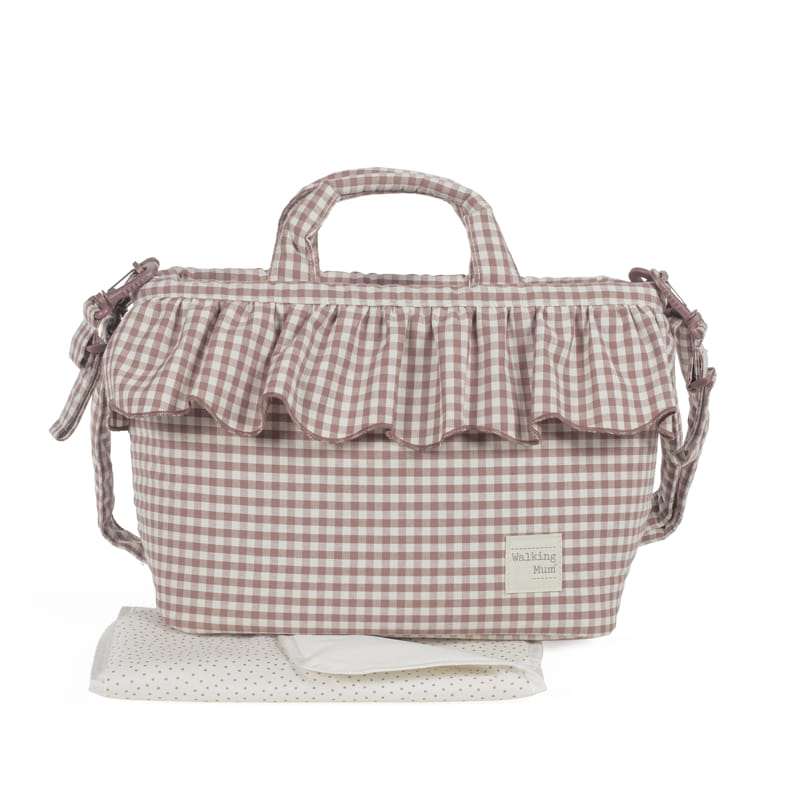 Walking Mum BORSA CESTINO PRALINÉ VICHY MOKA handbag with woven basket design and Vichy check pattern, stylish and functional moda accessory.