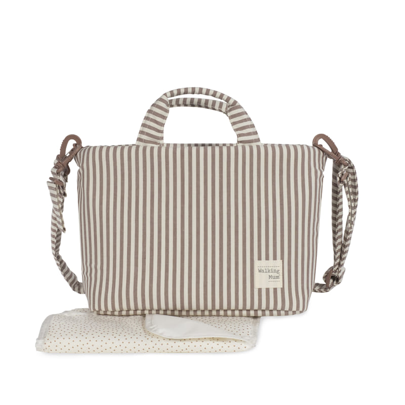 Walking Mum Praliné Stripes Moka changing bag with integrated changing pad, stylish and functional for moms on the go.