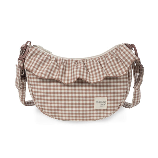 Pasito a Pasito Gondola Praliné Vichy Moka crossbody bag with stylish vichy pattern and leather accents.