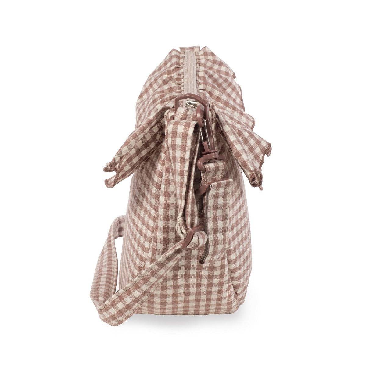 Pasito a Pasito Gondola Tracolla Bag in Praliné Vichy Moka fabric, featuring a stylish moda design with adjustable strap.