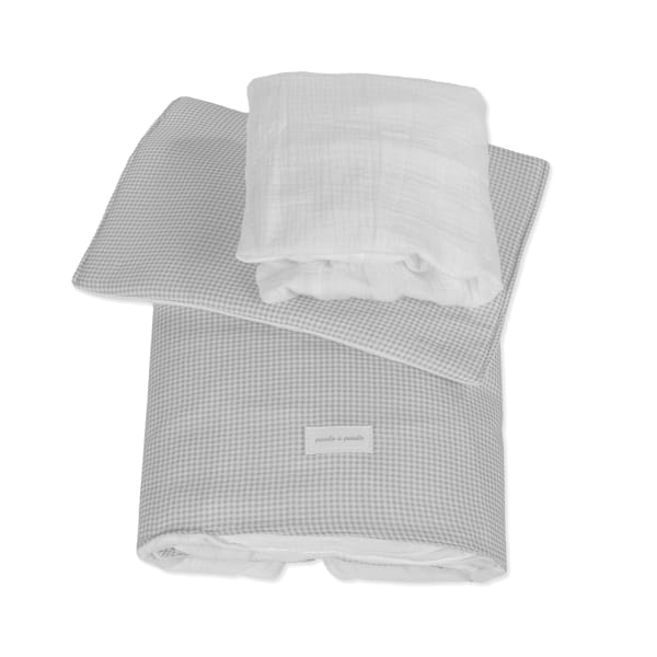 PIUMINO PER CULLA + LENZUOLO CON ANGOLI + CUSCINO 90X50 CM LITTLE BLOOM VICHY GRIGIO TOG 2,5