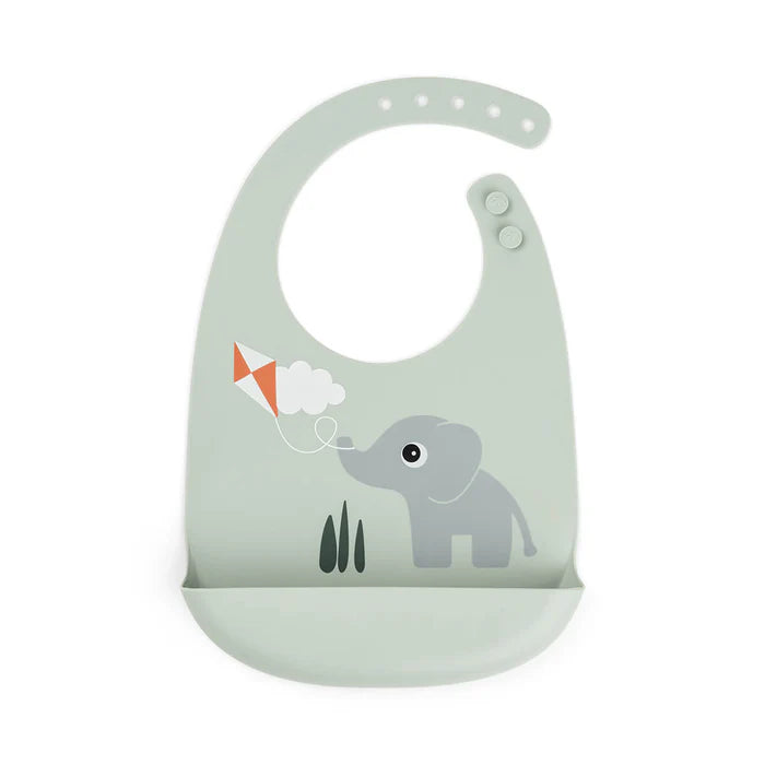 Green silicone bib from DONE BY DEER Playground line, featuring a flexible, easy-to-clean design for kids' mealtime comfort.