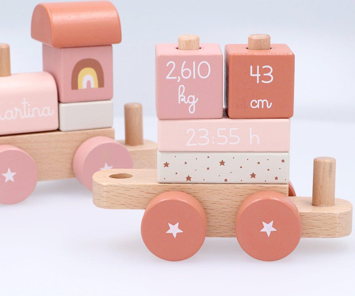 Label Label Treno In Legno FSC Rosa Personalizzato Con Nome E Data | 14 Pezzi Impilabili | Gioco Montessori Per Bambini 12+ Mesi | Regalo Nascita