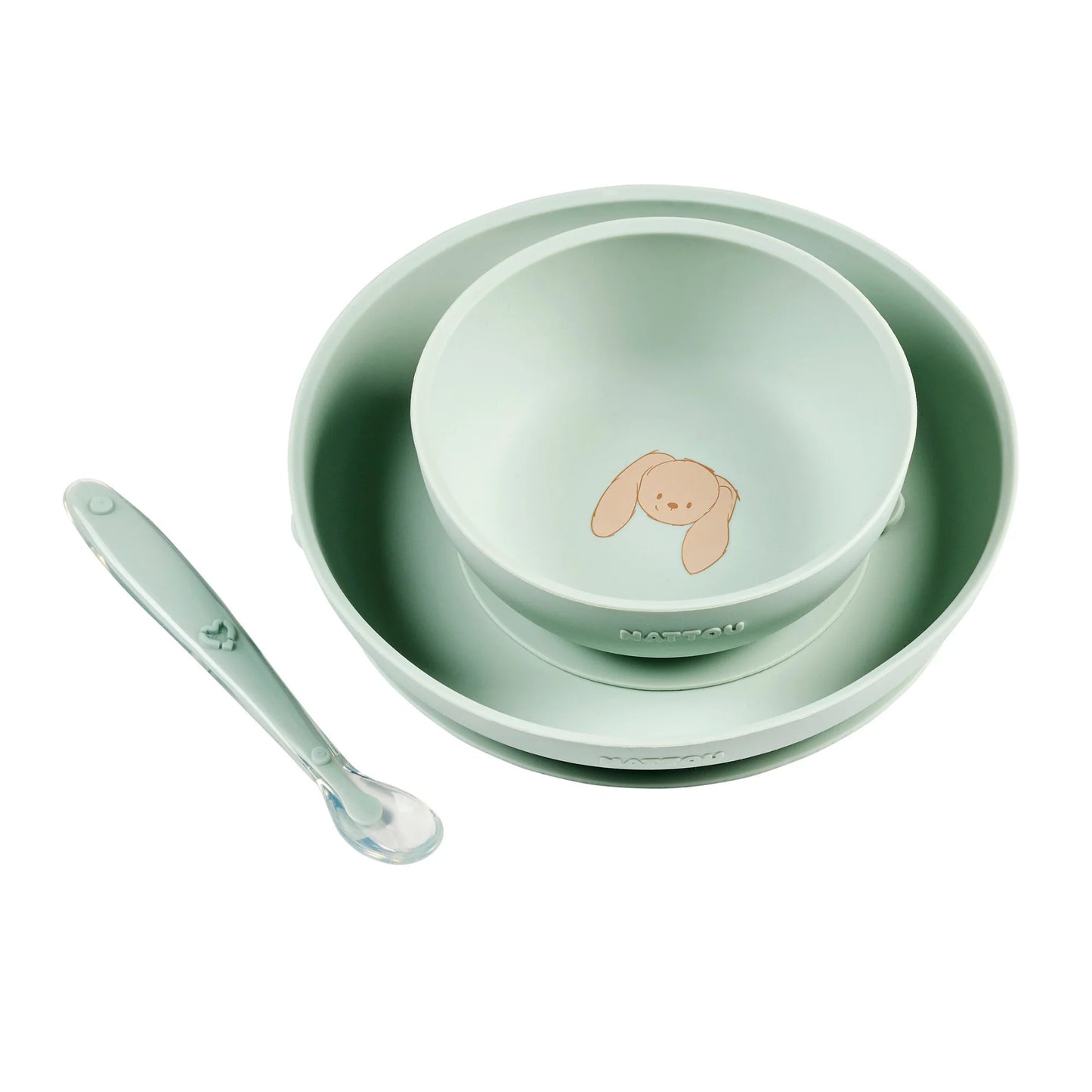 Set di posate in silicone per bambini, 3 pezzi con ventosa - Verde tiglio