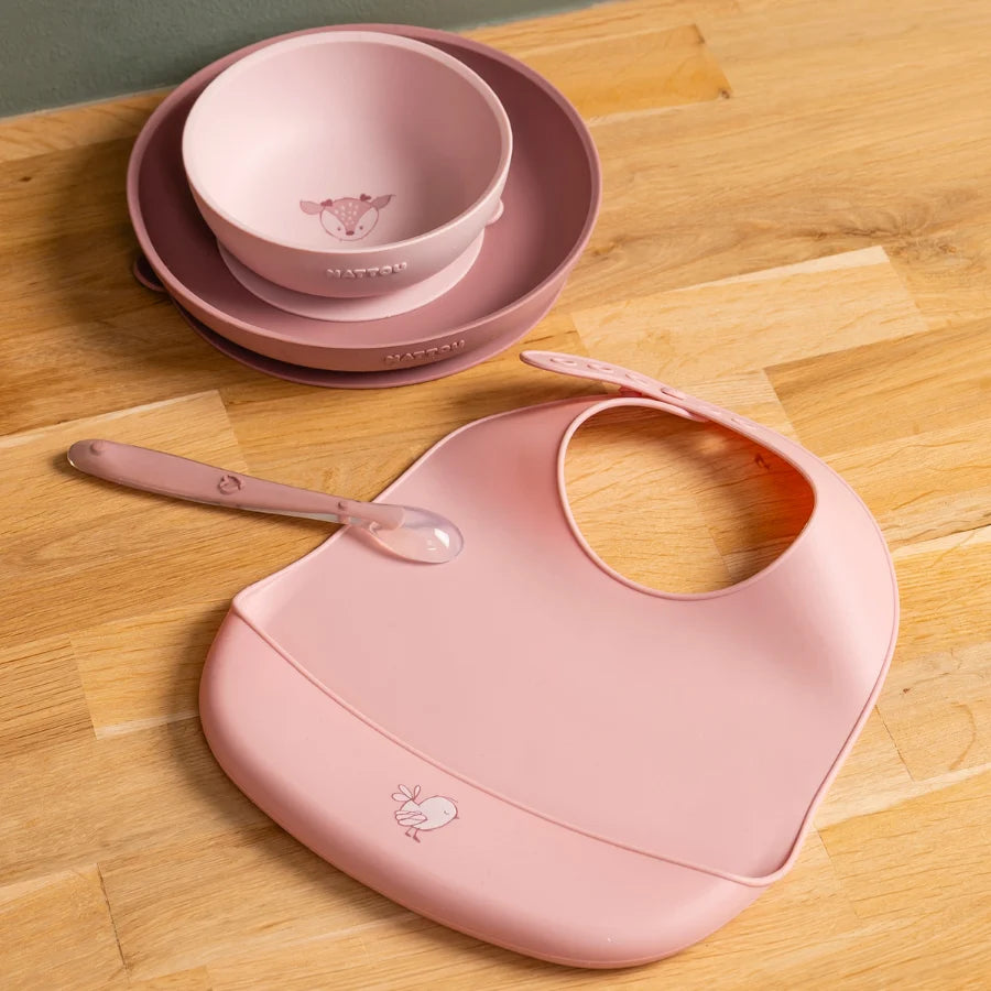 Set da pranzo per bambini in silicone, 4 pezzi con ventosa - Rosa