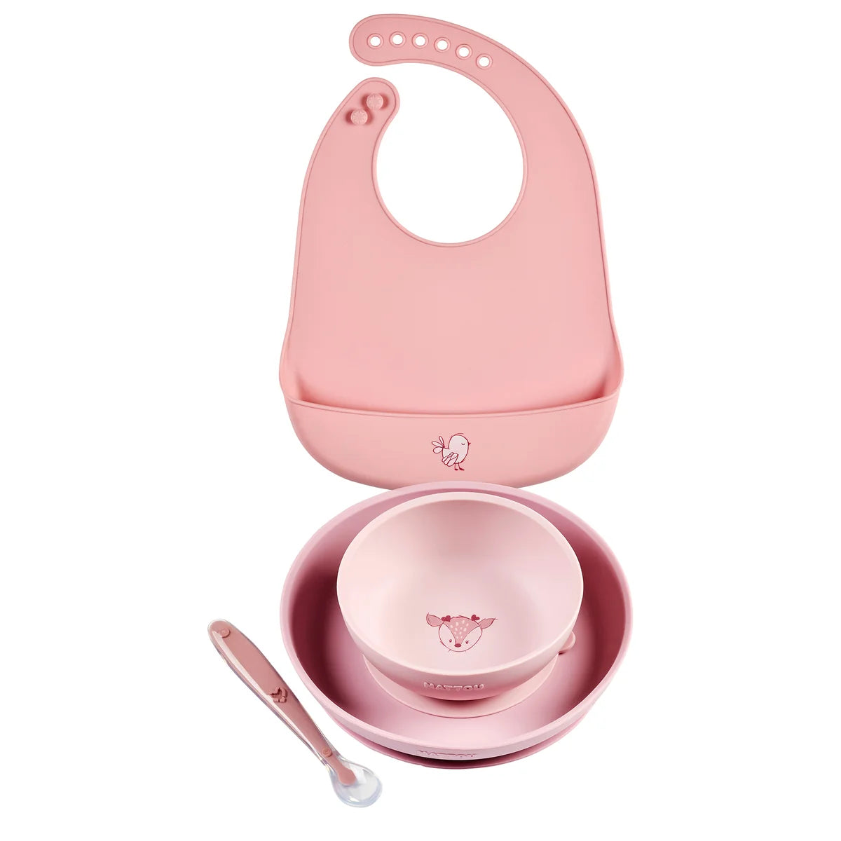 Set da pranzo per bambini in silicone, 4 pezzi con ventosa - Rosa