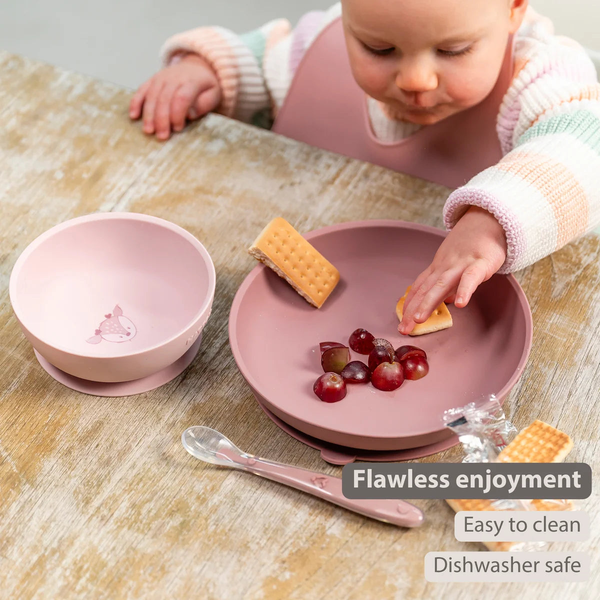 Set da pranzo per bambini in silicone, 4 pezzi con ventosa - Rosa