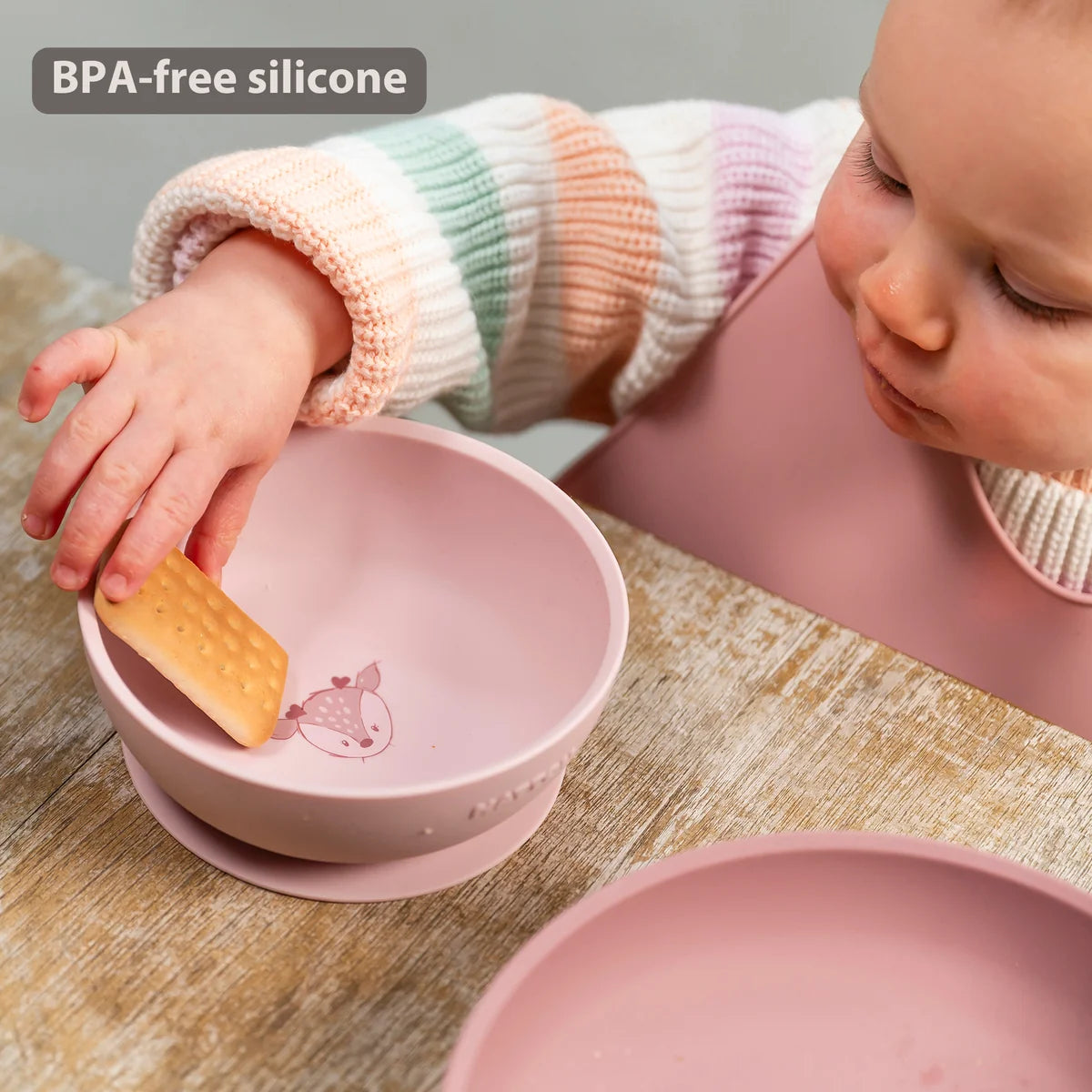 Set da pranzo per bambini in silicone, 4 pezzi con ventosa - Rosa