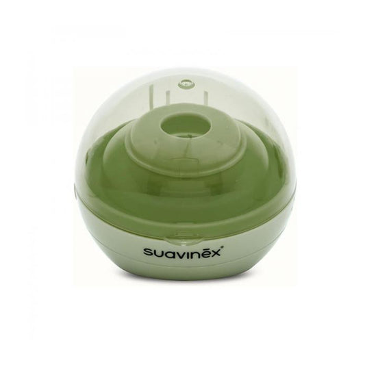 Suavinex green pacifier sterilizer with compact design, showing the sterilizer container and parts for safe baby bottle and pacifier sterilization.