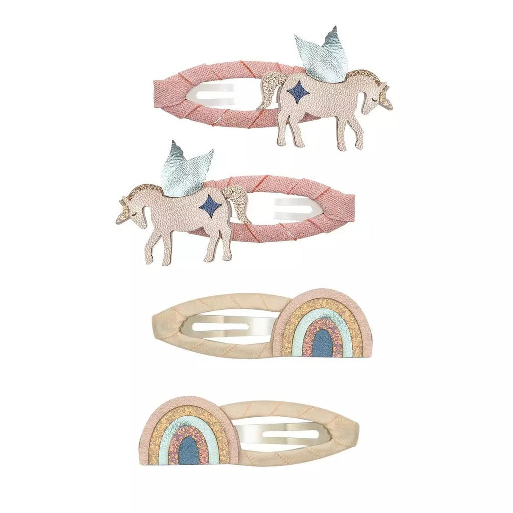 Set of four unicorn and rainbow hair clips by Mimi&Lula, featuring colorful and whimsical designs for children.