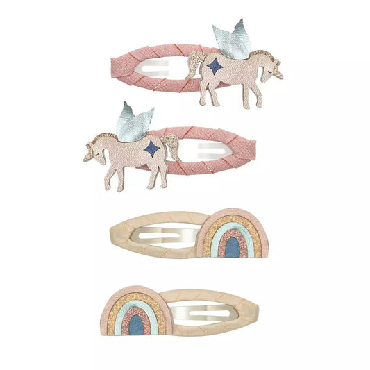 Set of four unicorn and rainbow hair clips by Mimi&Lula, featuring colorful and whimsical designs for children.