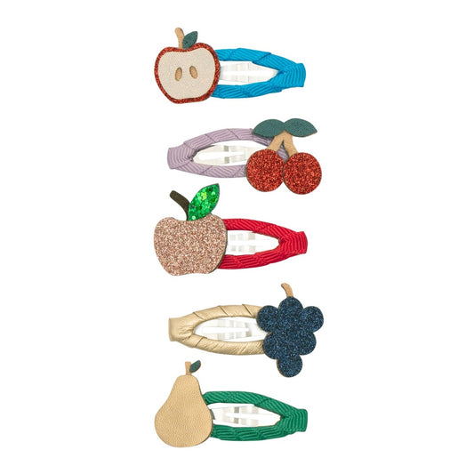 Set of five Mimi & Lula fruit-themed hair clips with colorful, playful designs for children's hair accessories.