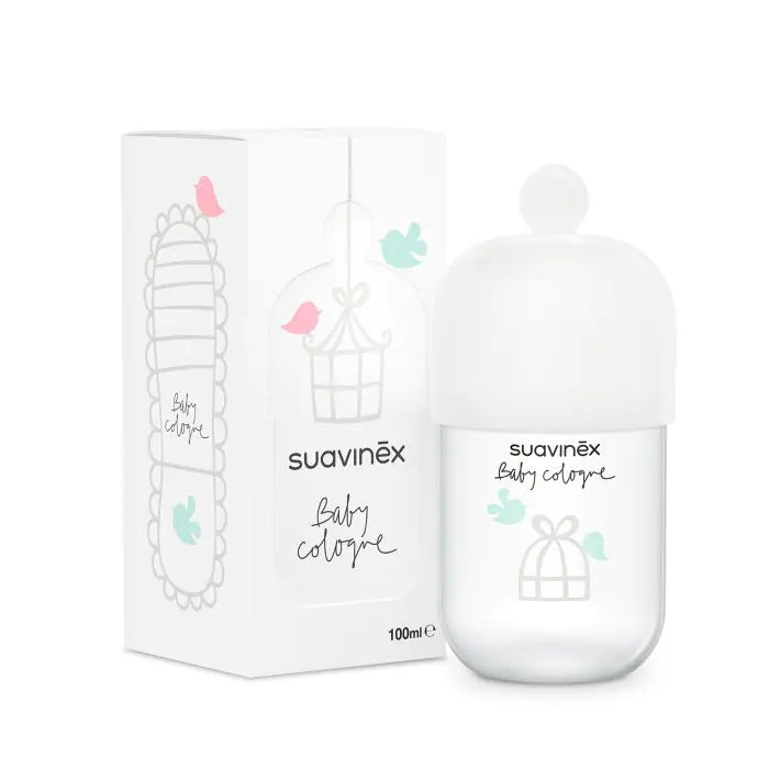 Suavinex Baby Cologne bottle with delicate scent, 100ml, designed for infants and children, featuring a soft, elegant packaging