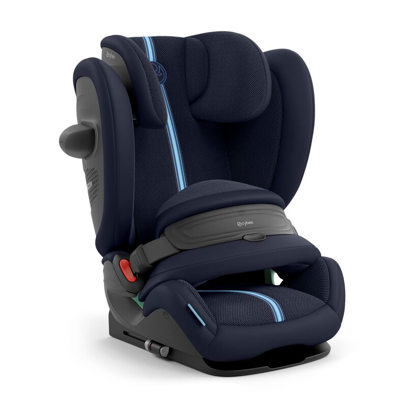 Cybex Pallas G3 Plus car booster seat with adjustable headrest and harness, shown in a neutral fabric color.