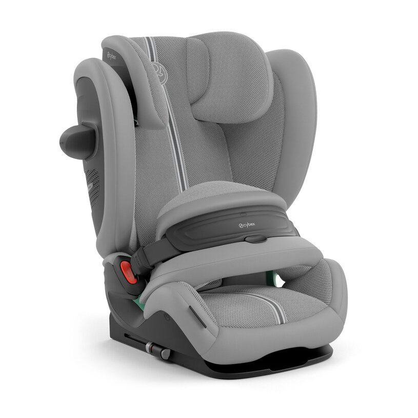 Cybex Pallas G3 Plus child car seat with adjustable headrest and safety harness, shown in a neutral color.