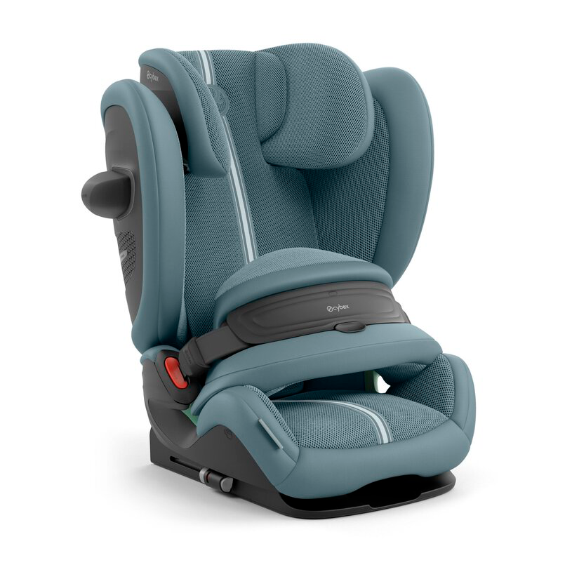 Cybex Pallas G3 Plus car seat in gray, showing adjustable headrest and harness for child safety and comfort.