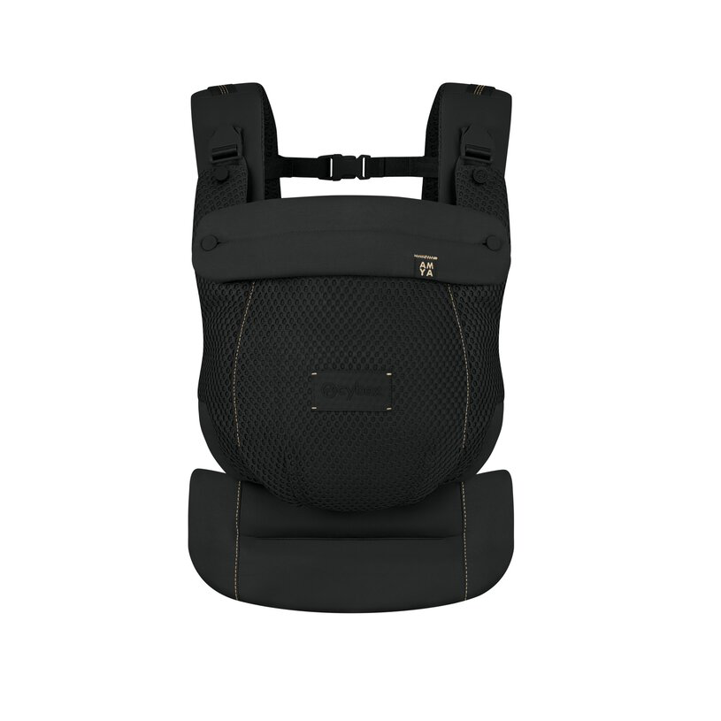Cybex Amya waist bag with adjustable strap and multiple compartments, shown in black with silver accents.