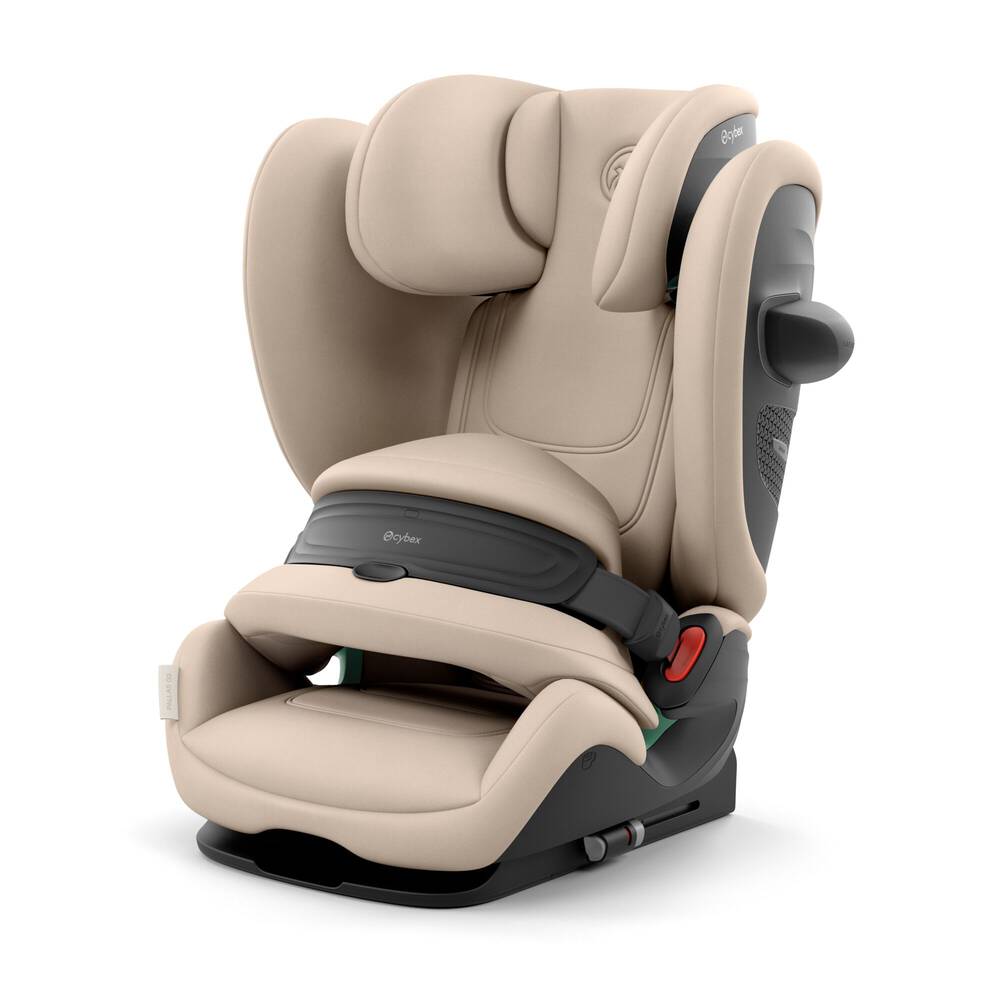 Cybex Pallas G3 Comfort car seat with adjustable headrest and harness, shown in a neutral fabric with side impact protection.