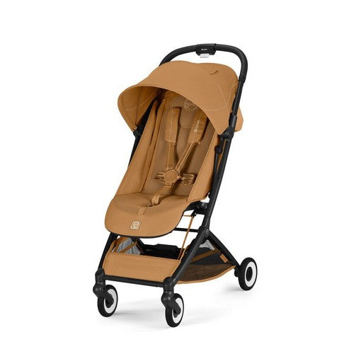 Liste Nascita Lira Orfeo cinnamon yellow stroller with adjustable handle and canopy, suitable for comfortable baby rides.