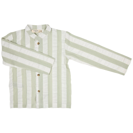 Camicia Seersucker senza colletto -Verde Pigeon