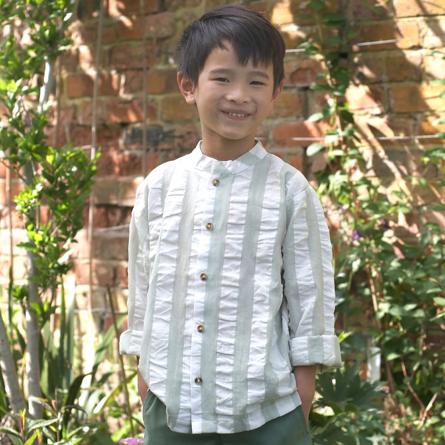 Camicia Seersucker senza colletto -Verde Pigeon