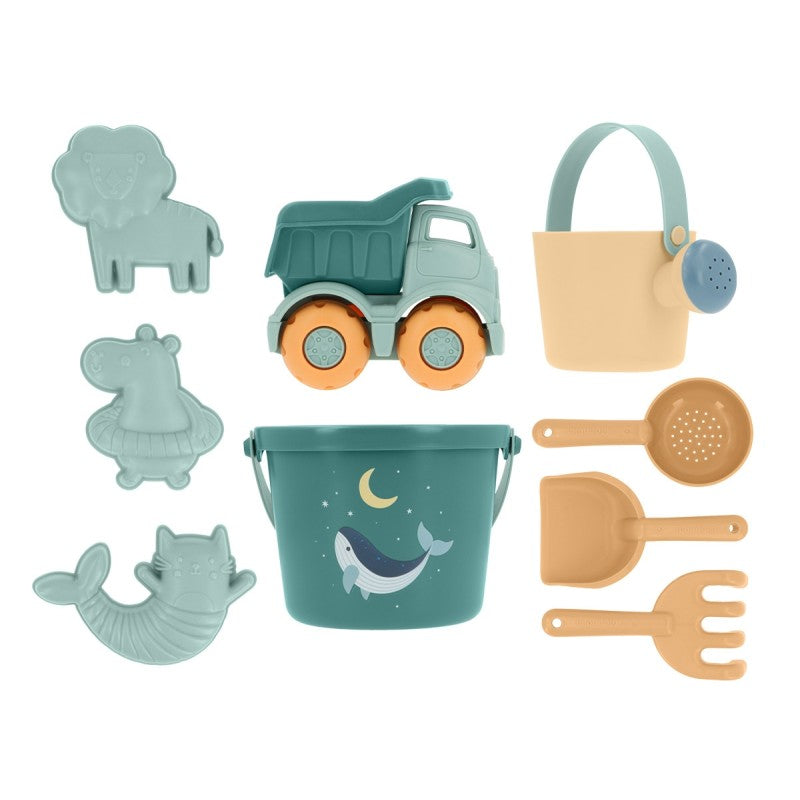 Set di giochi da spiaggia Monneka con balena e camioncino in tessuto, perfetto per bambini, in colori teal e vivaci.